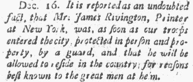 An article about James Rivington, Spooner’s Vermont Journal newspaper article 31 December 178