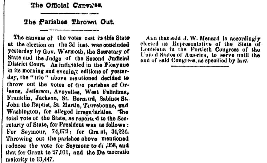 An article about John Menard, Times-Picayune newspaper article 27 November 1868