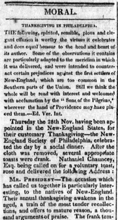 An article about Thanksgiving, Vermont Intelligencer and Bellows’ Falls Advertiser newspaper article 27 January 1817