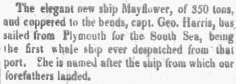 An article about a ship named Mayflower, Washington Gazette newspaper article 11 October 1821