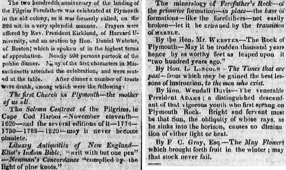 An article about the Mayflower, Woodstock Observer newspaper article 2 January 1821