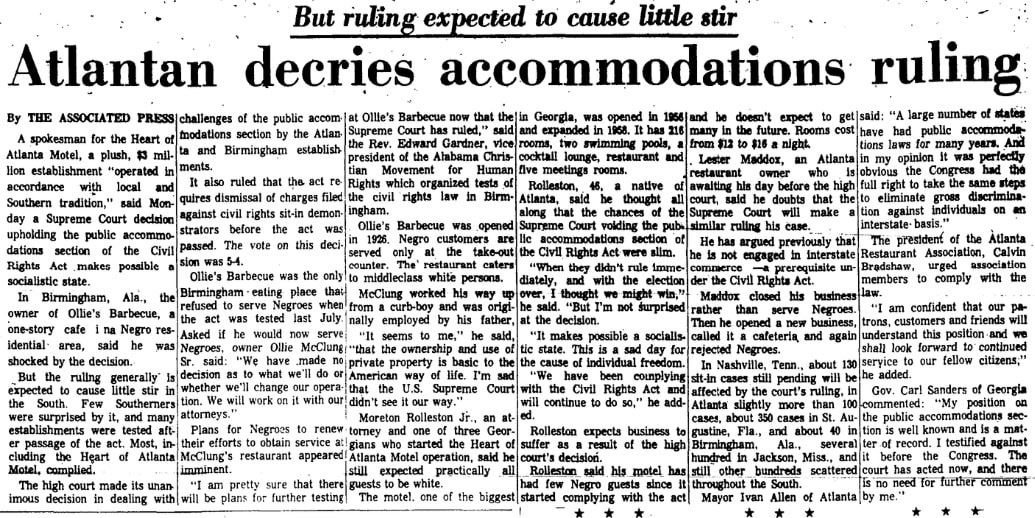 An article about the plaintiffs' objections to the Supreme Court upholding the Civil Rights Act, Augusta Chronicle newspaper article 15 December 1964