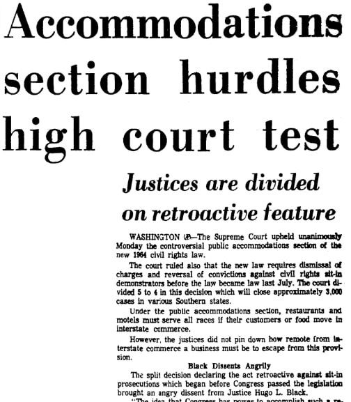 An article about the Supreme Court upholding the Civil Rights Act, Augusta Chronicle newsspaper article 15 December 1964