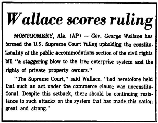 An article about Governor George Wallace's comments on the Supreme Court upholding the Civil Rights Act, Augusta Chronicle newspaper article 15 December 1964
