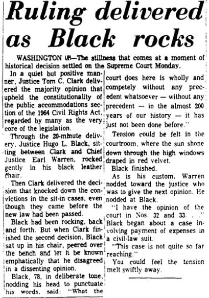 An article about Justice Hugo Black's comments on the Supreme Court upholding the Civil Rights Act, Augusta Chronicle newspaper article 15 December 1964