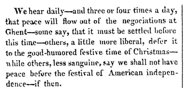 An article about the Treaty of Ghent, Aurora newspaper article 19 December 1814