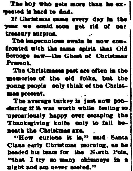 Christmas humor, Cambria Freeman newspaper article 20 December 1889