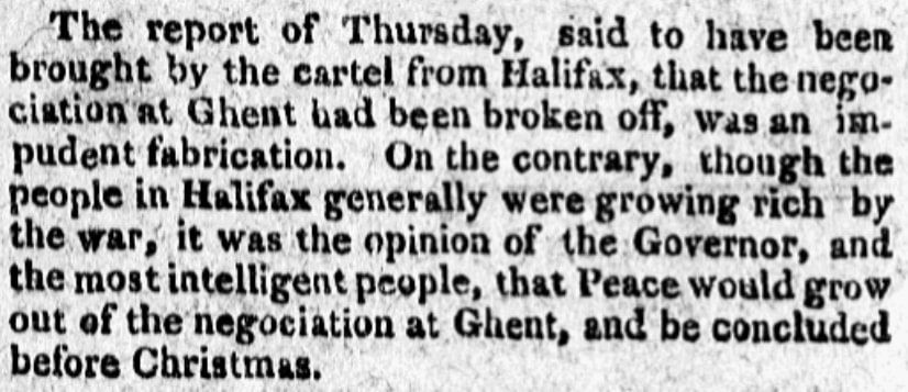 An article about the Treaty of Ghent, Farmer’s Repository newspaper article 18 August 1814