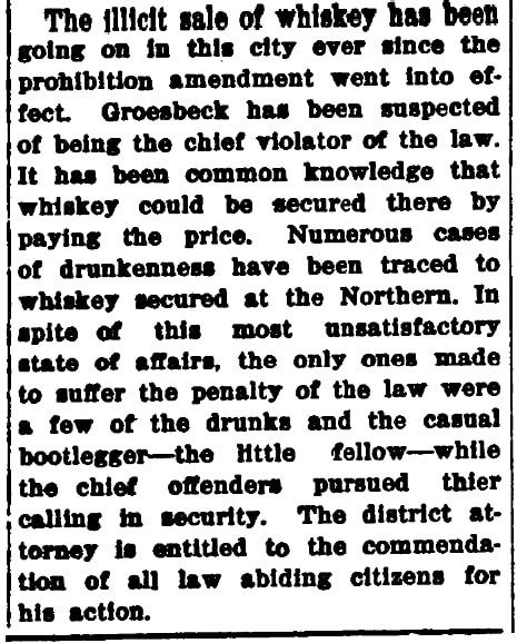 An article about Clark County District Attorney Arthur Jerome Stebenne's raid of a bootlegger in Las Vegas, Las Vegas Age newspaper article 3 January 1920