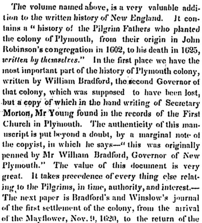 An article about the Mayflower and the Pilgrims, Newburyport Herald newspaper article 13 July 1841