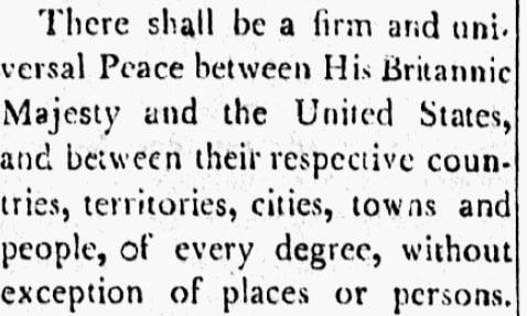 An article about the Treaty of Ghent, Orange County Patriot newspaper article 28 February 1815