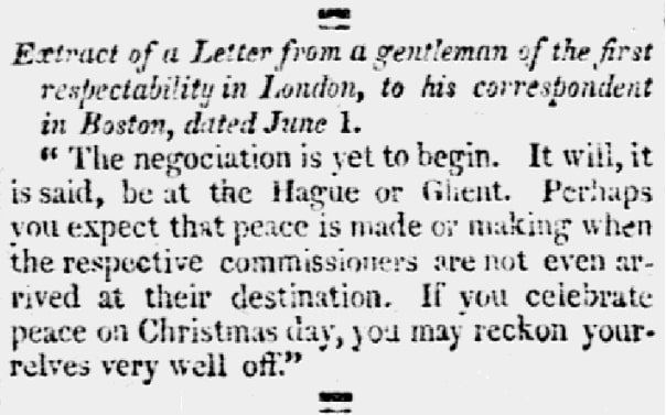 An article about the Treaty of Ghent, Petersburg Intelligencer newspaper article 12 August 1814