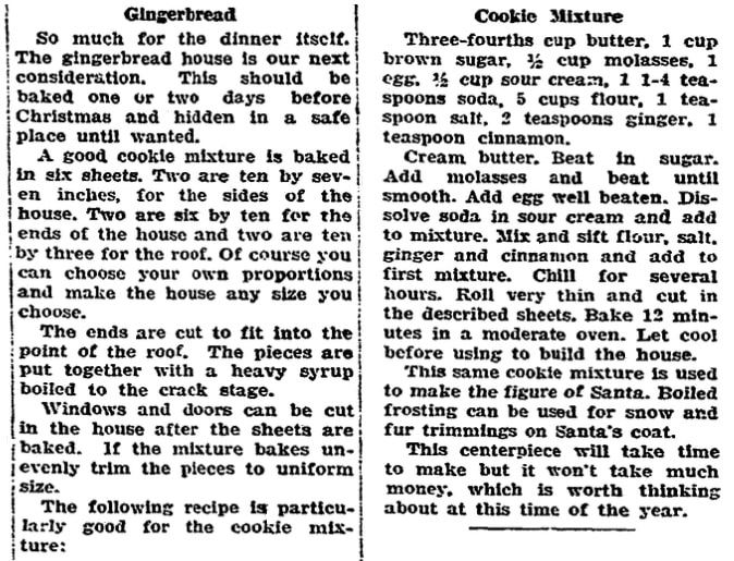 A recipe for a gingerbread house, Riverside Daily Press newspaper article 22 December 1925