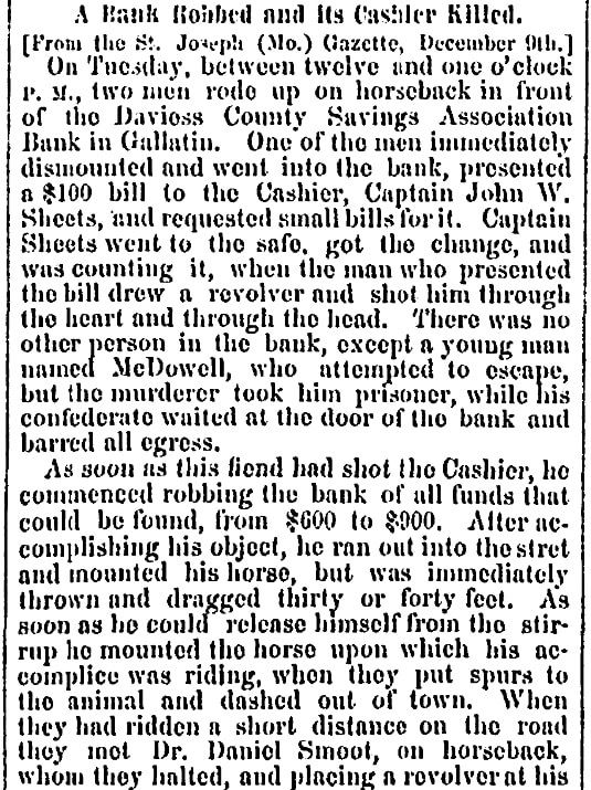 An article about Frank and Jesse James, Sacramento Daily Union newspaper article 20 December 1869