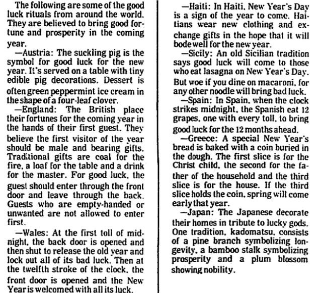 An article about New Year's Day meals and traditions, Brunswick News newspaper article 28 December 1994
