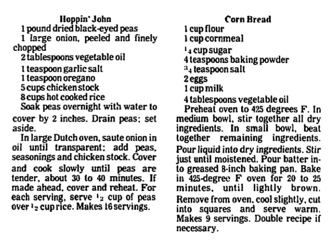 Recipes for peas and cornbread, Brunswick News newspaper article 28 December 1994