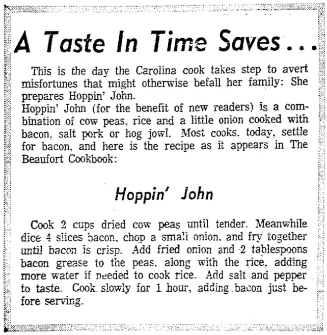 A Hoppin' John recipe, Charleston News and Courier newspaper article 1 January 1969