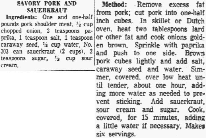 A pork and sauerkraut recipe, Dallas Morning News newspaper article 7 January 1955