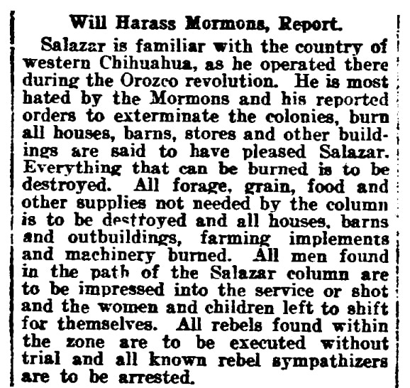 An article about Mormons in Mexico during the Mexican Revolution, El Paso Herald-Post newspaper article 20 December 1913