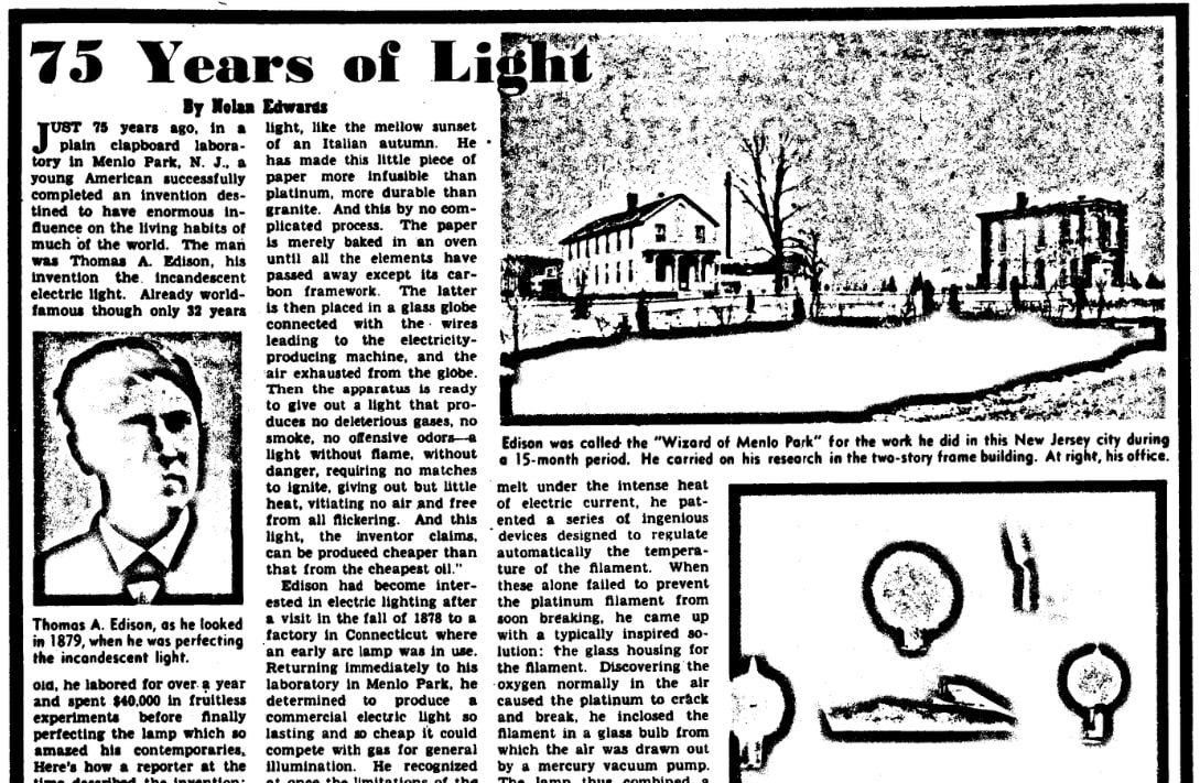 An article about Thomas Edison, Evening Star newspaper article 16 May 1954