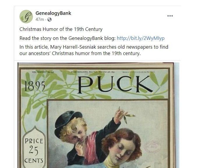 A screenshot of the GenealogyBank Facebook page showing the link to an article