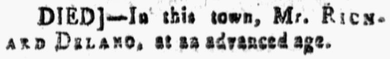 An article about Richard Delano, Medley or New Bedford Marine Journal newspaper article 14 July 1797