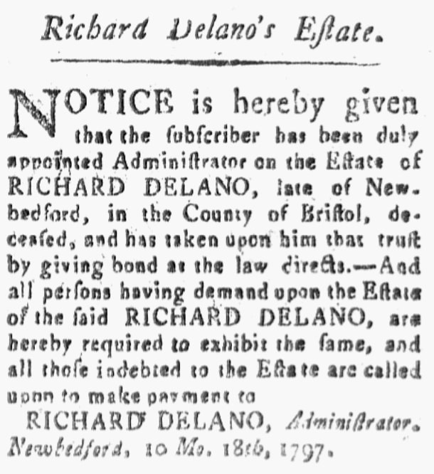 An article about Richard Delano, Medley or New Bedford Marine Journal newspaper article 17 November 1797