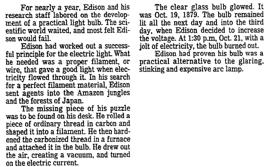 An article about Thomas Edison, Newark Star-Ledger newspaper article 29 January 1984