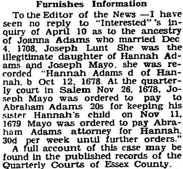An article about Joanna Adams, Newburyport Daily News newspaper article 22 April 1941