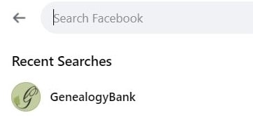 A screenshot of Facebook showing a search for GenealogyBank