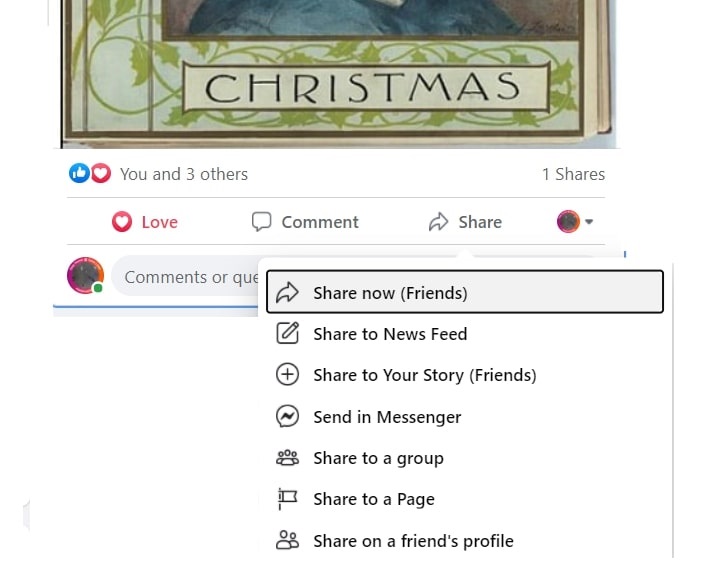 A screenshot of Facebook showing the options to share an article