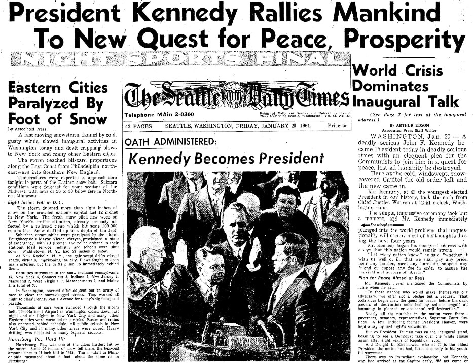 An article about the inauguration of President Kennedy, Seattle Daily Times newspaper article 20 January 1961