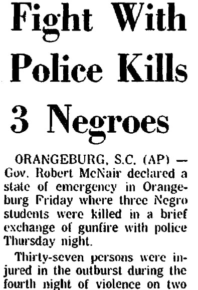 An article about the Orangeburg Massacre, Aberdeen Daily News newspaper article 9 February 1968