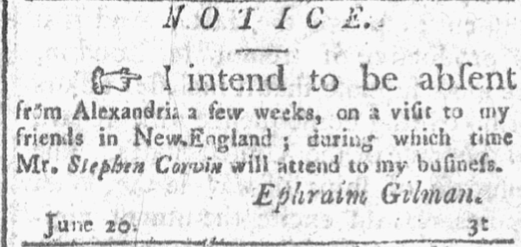 An ad for Ephraim Gilman, Alexandria Daily Advertiser newspaper advertisement 21 June 1805