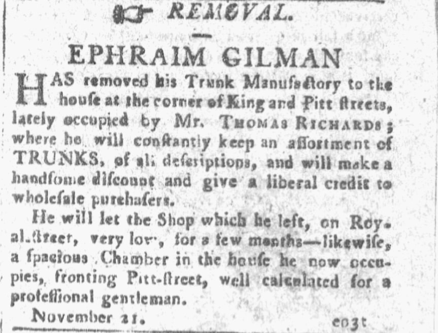 An ad for Ephraim Gilman, Alexandria Daily Advertiser newspaper advertisement 27 November 1805