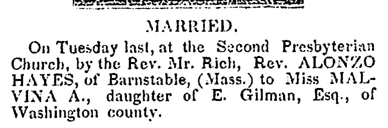 Wedding notice for Malvina Gilman and Alonzo Hayes, Alexandria Gazette newspaper article 5 May 1843