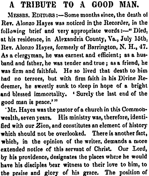 An article about Alonzo Hayes, Boston Recorder newspaper article 13 January 1859