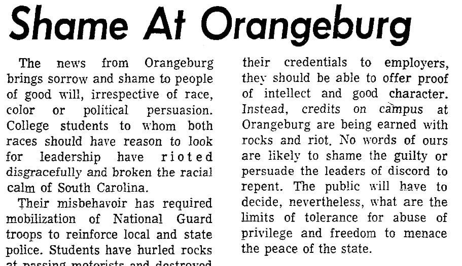 An article about the Orangeburg Massacre, Charleston News and Courier newspaper article 9 February 1968