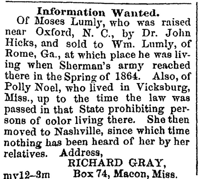 A missing persons ad, Colored Tennessean newspaper advertisement 18 July 1866