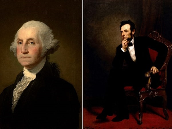 Illustrations: "George Washington" by Gilbert Stuart, and "Abraham Lincoln" by George Peter Alexander Healy. Credit: Wikimedia Commons.