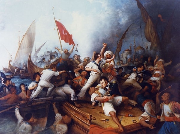 Illustration: Lieutenant Stephen Decatur boarding a Tripolitan gunboat during the bombardment of Tripoli, 3 August 1804, by Dennis Malone Carter. Credit: Naval Historical Center; Wikimedia Commons.