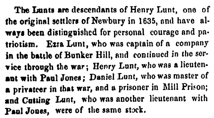 An article about the Lunt family, Newburyport Morning Herald newspaper article 1 June 1863