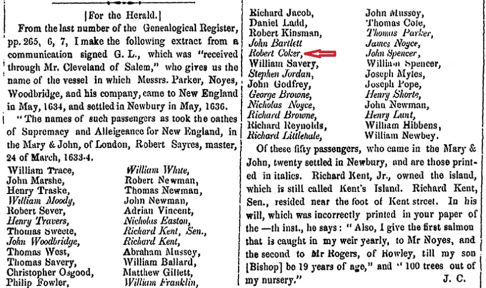 An article about early New England settlers, Newburyport Morning Herald newspaper article 27 July 1855