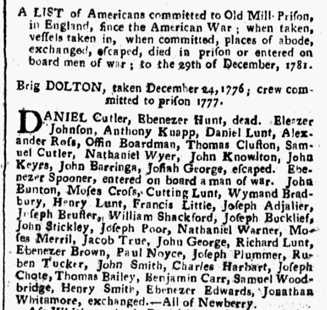 An article about American prisoners held by the British during the Revolutionary War, Pennsylvania Packet newspaper article 23 April 1782