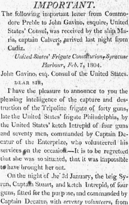 An article about the First Barbary War, Philadelphia Evening Post newspaper article 16 May 1804