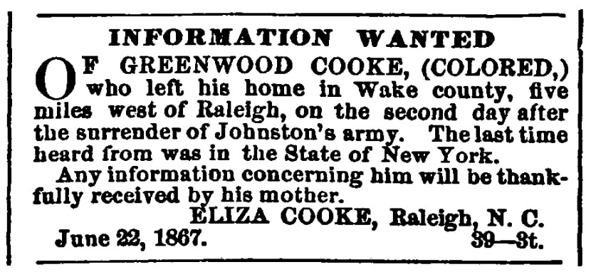 A missing person ad, Tri-Weekly Standard newspaper advertisement 22 June 1867