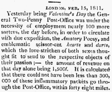 An article about Valentine's Day, Washingtonian newspaper article 6 May 1811