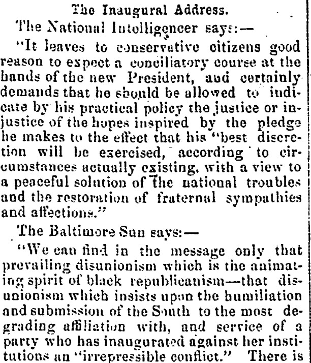 An article about Abraham Lincoln's first inaugural address, Alexandria Gazette newspaper article 6 March 1861