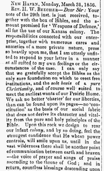 An article about the Connecticut Kansas Colony, Barre Gazette newspaper article 11 April 1856