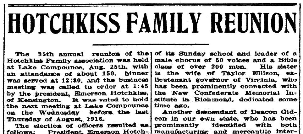 An article about a Hotchkiss family reunion, Bridgeport Evening Farmer newspaper article 15 September 1915